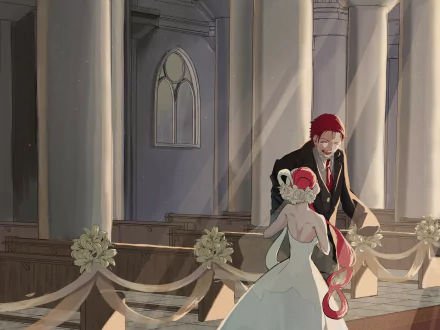 Anime 2K Quad HD PC desktop wallpaper of One Piece's Shanks and Uta — Uta in a wedding gown and Shanks in a suit walking down a sunlit chapel aisle decorated with ribbons and flowers.
