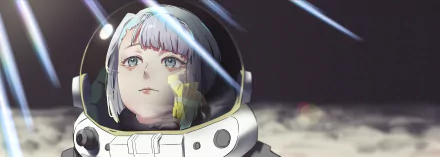 Lucy from Cyberpunk: Edgerunners in a space helmet, depicted in anime style with detailed lighting, featured in an HD PC desktop wallpaper and background.