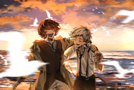 HD anime desktop wallpaper featuring Atsushi Nakajima and Osamu Dazai from Bungou Stray Dogs, with a vibrant sunset and seagulls over the ocean background.