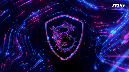 4K Ultra HD MSI desktop wallpaper featuring a glowing neon dragon emblem surrounded by dynamic blue and pink digital light trails symbolizing advanced technology.