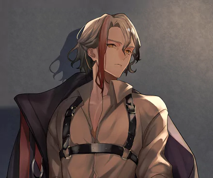 Odysseus (Fate/Grand Order) anime portrait — bare-chested in a leather harness and cloak, moody lighting. 2K Quad HD PC desktop wallpaper/background.