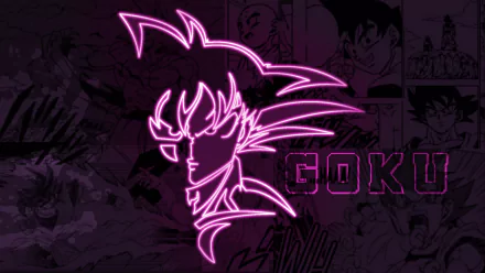 HD PC desktop wallpaper featuring a neon pink outline of Goku from anime series Gokujou Seitokai against a dark background with manga-style illustrations.