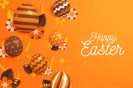 2K Quad HD PC desktop wallpaper: bright orange Easter scene with patterned eggs, flowers and Happy Easter script — holiday Easter background.