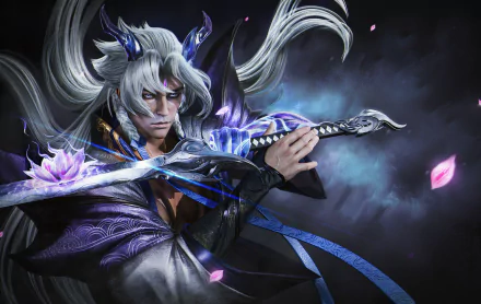 HD desktop wallpaper featuring Yone from the video game League of Legends, showcasing his intense gaze and mystical sword surrounded by dark, ethereal energy.