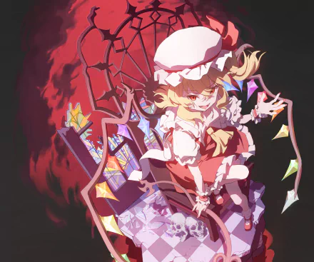 HD PC desktop wallpaper of Flandre Scarlet (Touhou): blonde, red-eyed vampire girl in a frilly red dress and cap, sitting with multicolored crystalline wings against a dark, blood-red backdrop.