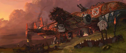 HD PC desktop wallpaper featuring Warhammer 40k Ork warplanes against a fiery sky, capturing the grim and chaotic atmosphere of the Warhammer 40k video game universe.