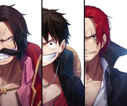 HD anime wallpaper featuring Shanks, Monkey D. Luffy, and Gol D. Roger from One Piece’s Monster Trio, highlighting their intense expressions against a white background.