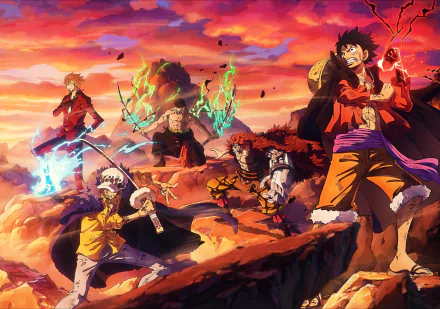 HD anime wallpaper featuring Monkey D. Luffy, Eustass Kid, Roronoa Zoro, Sanji, and Trafalgar Law from One Piece in dynamic battle poses at sunset.