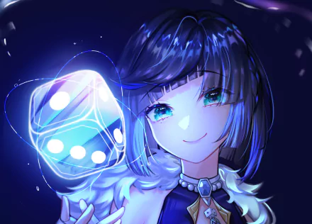 Yelan from Genshin Impact, smiling in blue light while holding a glowing die-like sigil — stylized 2K Quad HD PC desktop wallpaper and background.