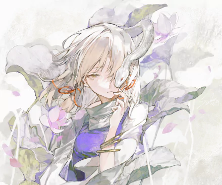 2K Quad HD PC wallpaper of Suwako Moriya (Touhou): ethereal anime portrait with pale hair, horn-like ornament, mask held to her face, flowing robes and pale watercolor flowers.