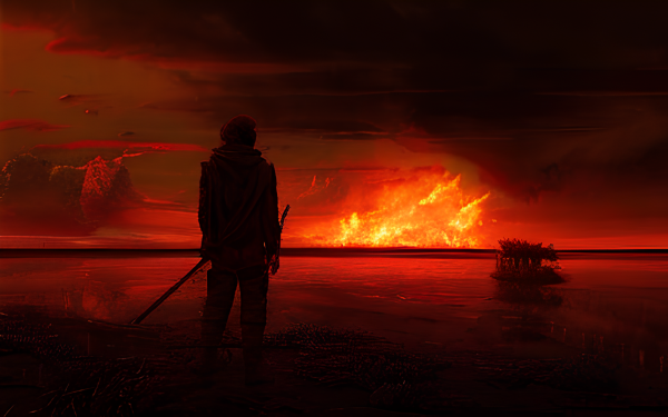 Fantasy Landscape Fire Man Rain AI Art HD Wallpaper | Background Image