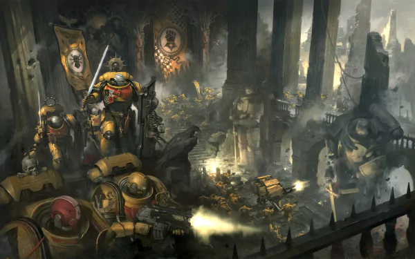 HD PC desktop wallpaper featuring Warhammer 40k video game characters in a dark, war-torn battlefield with armored soldiers and futuristic weaponry.