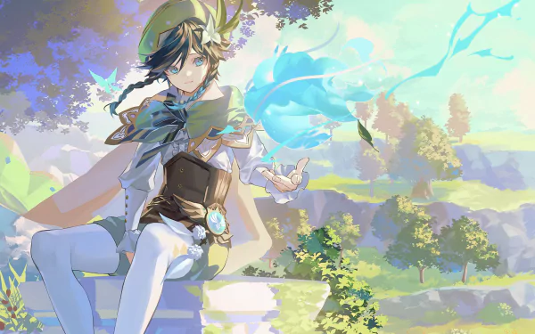 HD PC desktop wallpaper featuring Venti from Genshin Impact, showcasing the character in a vibrant, scenic environment from the video game.