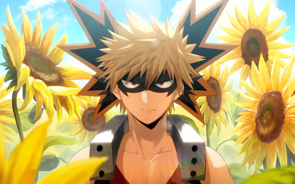 Katsuki Bakugou from My Hero Academia stands confidently amidst blooming sunflowers in a vibrant 4K Ultra HD anime desktop wallpaper.