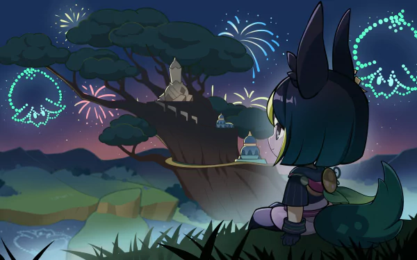 HD PC desktop wallpaper featuring Tighnari from Genshin Impact, set against a night sky illuminated by colorful fireworks and glowing jellyfish-like shapes.