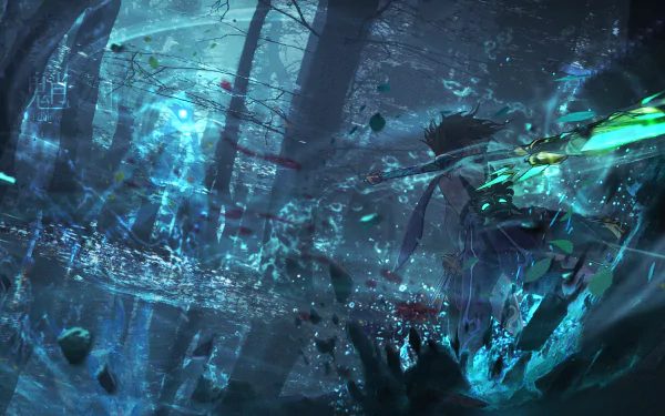 4K Ultra HD PC desktop wallpaper featuring Xiao from the video game Genshin Impact in a dynamic, dark, and mystical forest setting.