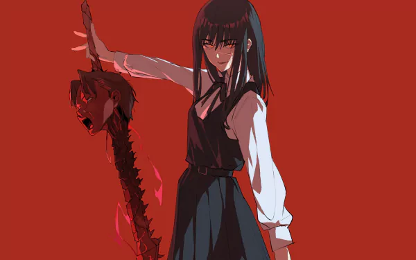 HD anime wallpaper featuring Asa Mitaka from Chainsaw Man holding a bloodied chainsaw blade against a red background.