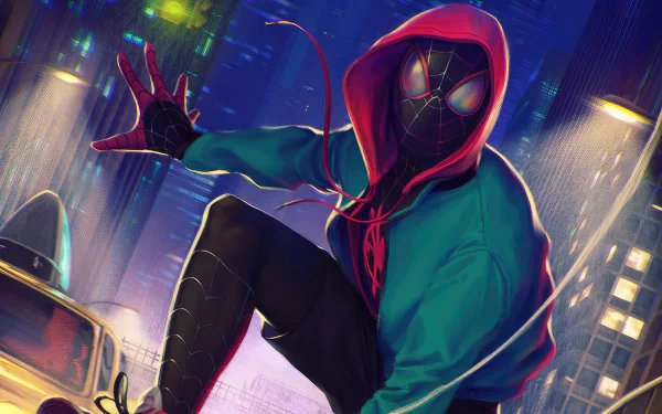 Miles Morales from Spider-Man: Into The Spider-Verse in a dynamic pose against a vibrant cityscape, featured in a 4K Ultra HD PC desktop wallpaper.