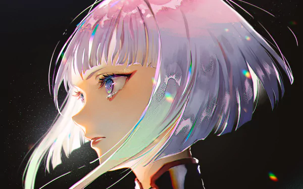 HD PC desktop wallpaper featuring Lucy from the anime Cyberpunk: Edgerunners in a vibrant, detailed close-up profile with glowing highlights and cyberpunk aesthetics.