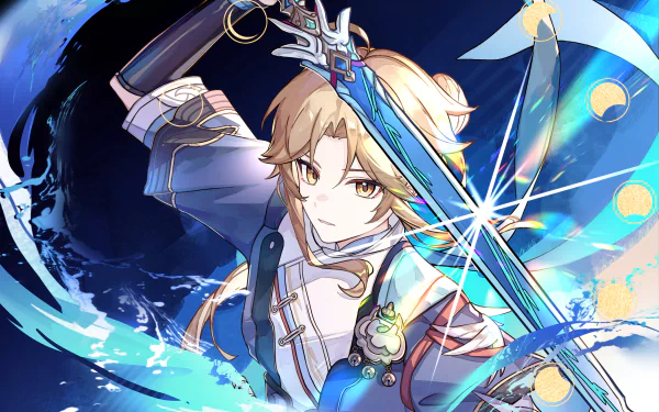 HD PC desktop wallpaper featuring a dynamic character from the video game Honkai: Star Rail wielding a glowing sword amid vibrant blue energy effects.