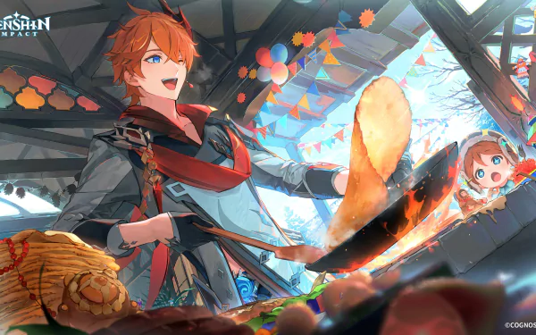 4K Ultra HD Genshin Impact wallpaper featuring Teucer and Tartaglia Childe in vibrant colors, capturing dynamic action from the popular video game on a PC desktop background.