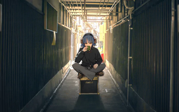 4K Ultra HD anime wallpaper of Ryou Yamada from Bocchi the Rock!, sitting cross-legged in a narrow, sunlit alleyway, headphones on and fingers to lips.
