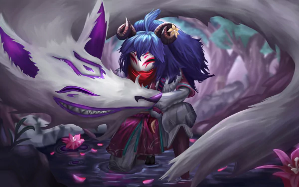 Kindred, agents of Death in League of Legends, embrace in misty Shadow Isles — wolf and mask-faced lamb in a haunting HD PC desktop wallpaper, League of Legends video game art.