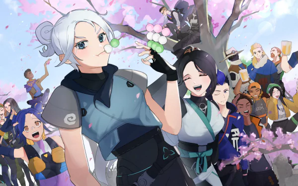 HD PC desktop wallpaper/background of Valorant video game characters Jett, Astra, Fade, Skye and Reyna posing joyfully under cherry blossoms in vibrant anime-style art.