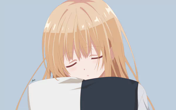 Mahiru Shiina from The Angel Next Door Spoils Me Rotten depicted with closed eyes, hugging a pillow in a 4K Ultra HD anime desktop wallpaper.