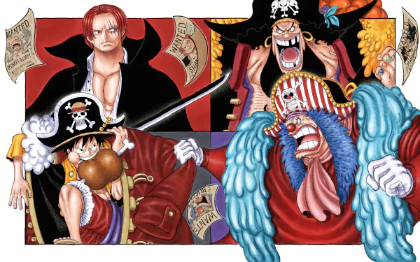 4K Ultra HD One Piece wallpaper featuring Monkey D. Luffy, Buggy, Marshall D. Teach, and Shanks in dynamic anime poses with vibrant colors and detailed design.