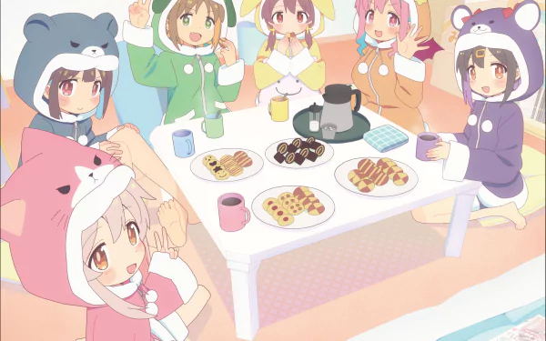 Anime HD PC desktop wallpaper, Onimai: I'm Now Your Sister! — six girls in animal hoodies sharing tea and sweets around a low table in a pastel, cozy setting.