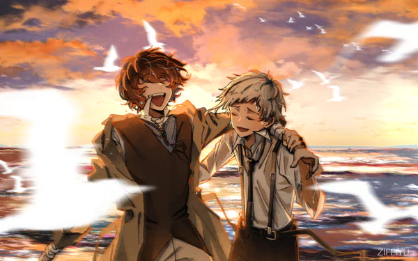 HD anime desktop wallpaper featuring Atsushi Nakajima and Osamu Dazai from Bungou Stray Dogs, with a vibrant sunset and seagulls over the ocean background.