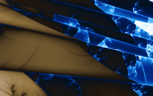 Psychedelic abstract fractal pattern (MandelBrowser): electric blue crystalline shards cutting across layered tan planes — 4K Ultra HD PC desktop wallpaper/background.