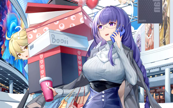 HD PC desktop wallpaper featuring anime characters Baal from Genshin Impact and elements inspired by Chainsaw Man in a vibrant, detailed cityscape setting.