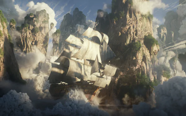 A majestic fantasy ship sailing through a dreamy HD desktop wallpaper background.