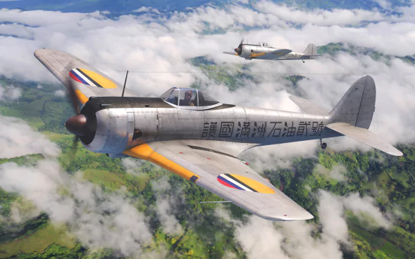 4K Ultra HD desktop wallpaper featuring two Nakajima Ki-43 Hayabusa military aircraft flying above clouds and a green landscape.