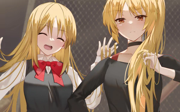 2K Quad HD PC wallpaper of Nijika Ijichi and Seika Ijichi from Bocchi the Rock! Two blonde bandmates in matching outfits — one laughing with eyes closed, the other adjusting her long hair.