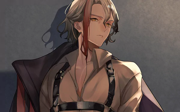 Odysseus (Fate/Grand Order) anime portrait — bare-chested in a leather harness and cloak, moody lighting. 2K Quad HD PC desktop wallpaper/background.