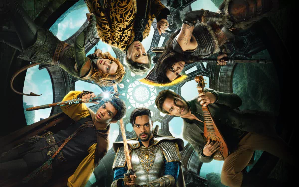 8K Ultra HD PC desktop wallpaper featuring the cast of the movie Dungeons & Dragons: Honor Among Thieves in a dramatic circular pose inside a mystical setting.