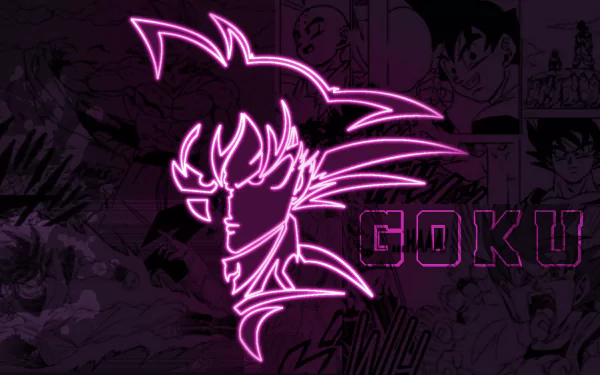 HD PC desktop wallpaper featuring a neon pink outline of Goku from anime series Gokujou Seitokai against a dark background with manga-style illustrations.