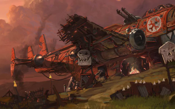 HD PC desktop wallpaper featuring Warhammer 40k Ork warplanes against a fiery sky, capturing the grim and chaotic atmosphere of the Warhammer 40k video game universe.