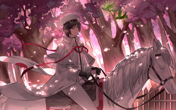 Anime-style HD desktop wallpaper featuring Vocaloid character Kaito riding a white horse beneath vibrant pink cherry blossom trees.