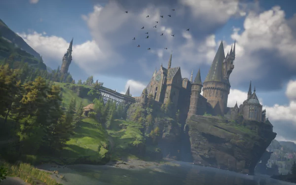 4K Ultra HD PC desktop wallpaper/background — Hogwarts Legacy video game scene of Hogwarts castle perched on cliffs above a lake, surrounded by forests under a dramatic, cloud-filled sky.