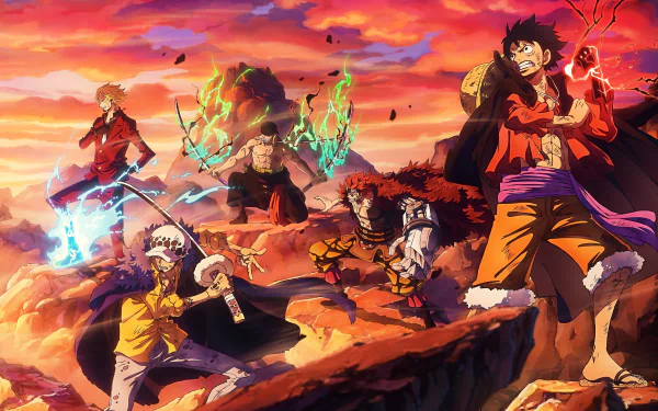 HD anime wallpaper featuring Monkey D. Luffy, Eustass Kid, Roronoa Zoro, Sanji, and Trafalgar Law from One Piece in dynamic battle poses at sunset.