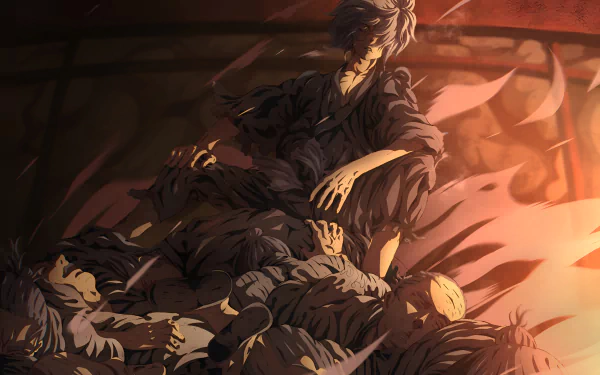 Gabimaru (Hell's Paradise) brooding among fallen foes, dramatic orange light and deep shadows — 4K Ultra HD anime PC desktop wallpaper/background.