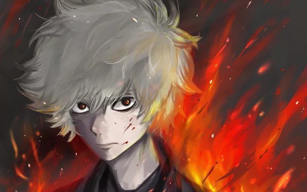 Gabimaru (Hell's Paradise) anime portrait: ash-white hair, blood-splattered face and fierce eyes amid roaring flames — 4K Ultra HD PC desktop wallpaper/background