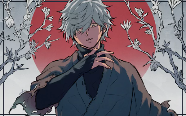 Gabimaru (Hell's Paradise) anime 4K Ultra HD PC wallpaper: gray‑haired warrior with a steady gaze and dark cloak, hands clasped before a red circular backdrop framed by pale flowering branches.