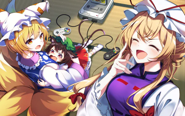 A vibrant 4K Ultra HD anime wallpaper featuring Yukari Yakumo, Ran Yakumo, and Chen from Touhou, with playful expressions and a classic game console in the background.