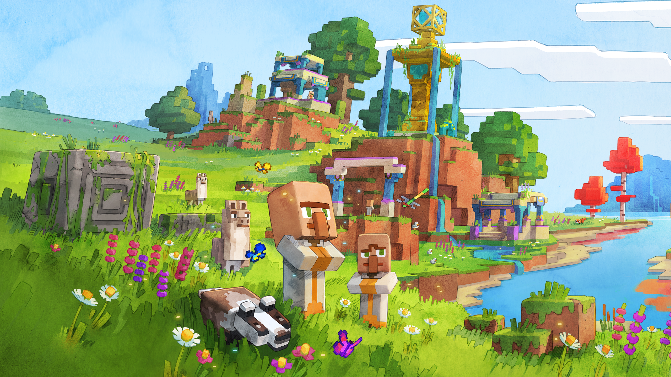 HD Minecraft Legends wallpaper featuring colorful landscape with game characters and structures for desktop background.