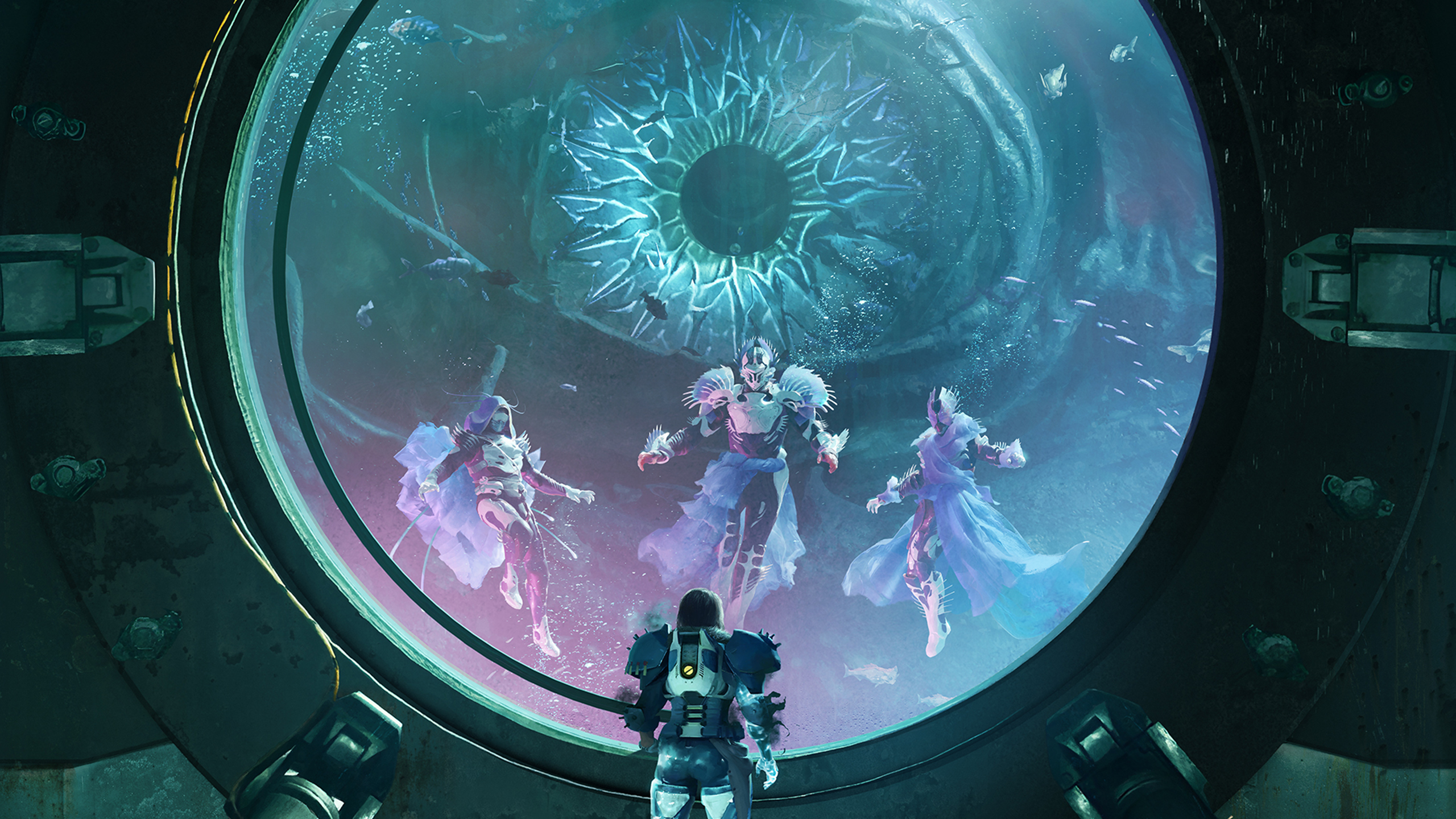 High-definition Destiny 2 wallpaper featuring a scene with characters observing a mysterious cosmic entity through a large circular viewport.